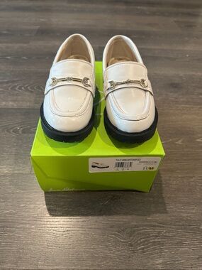 Sam Edelman White Patent Loafers with Silver Bit Detail